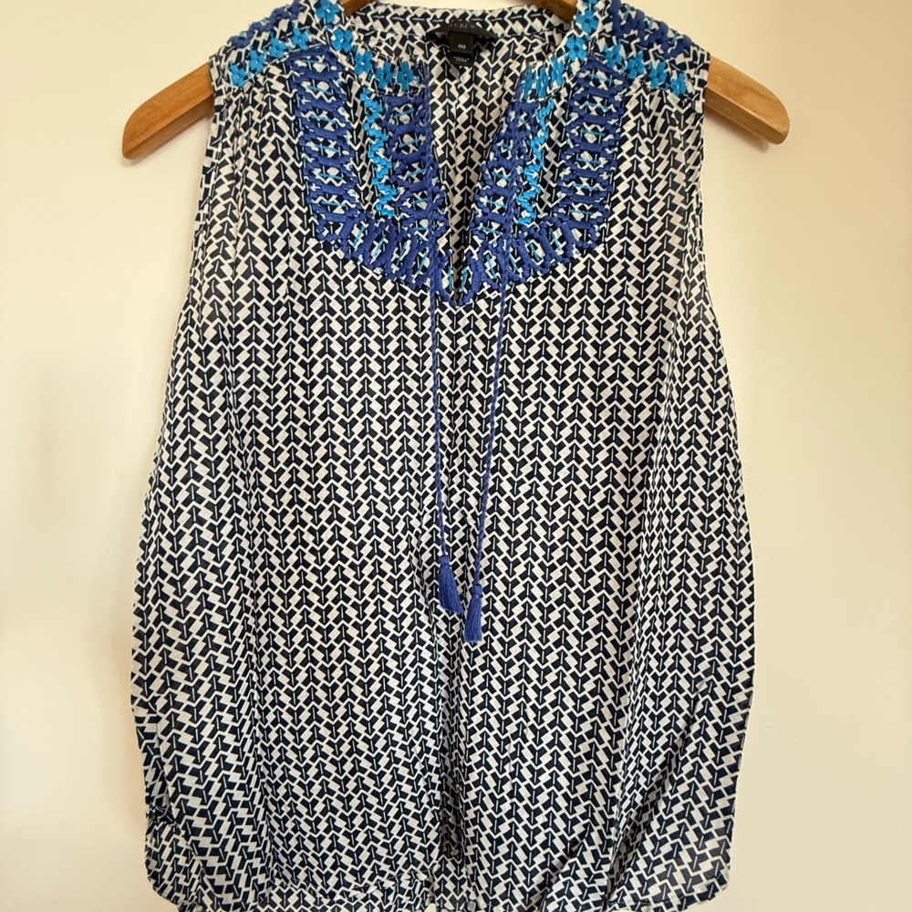 J. Crew Blue and White Embroidered Blouse in Silk-Cotton Blend